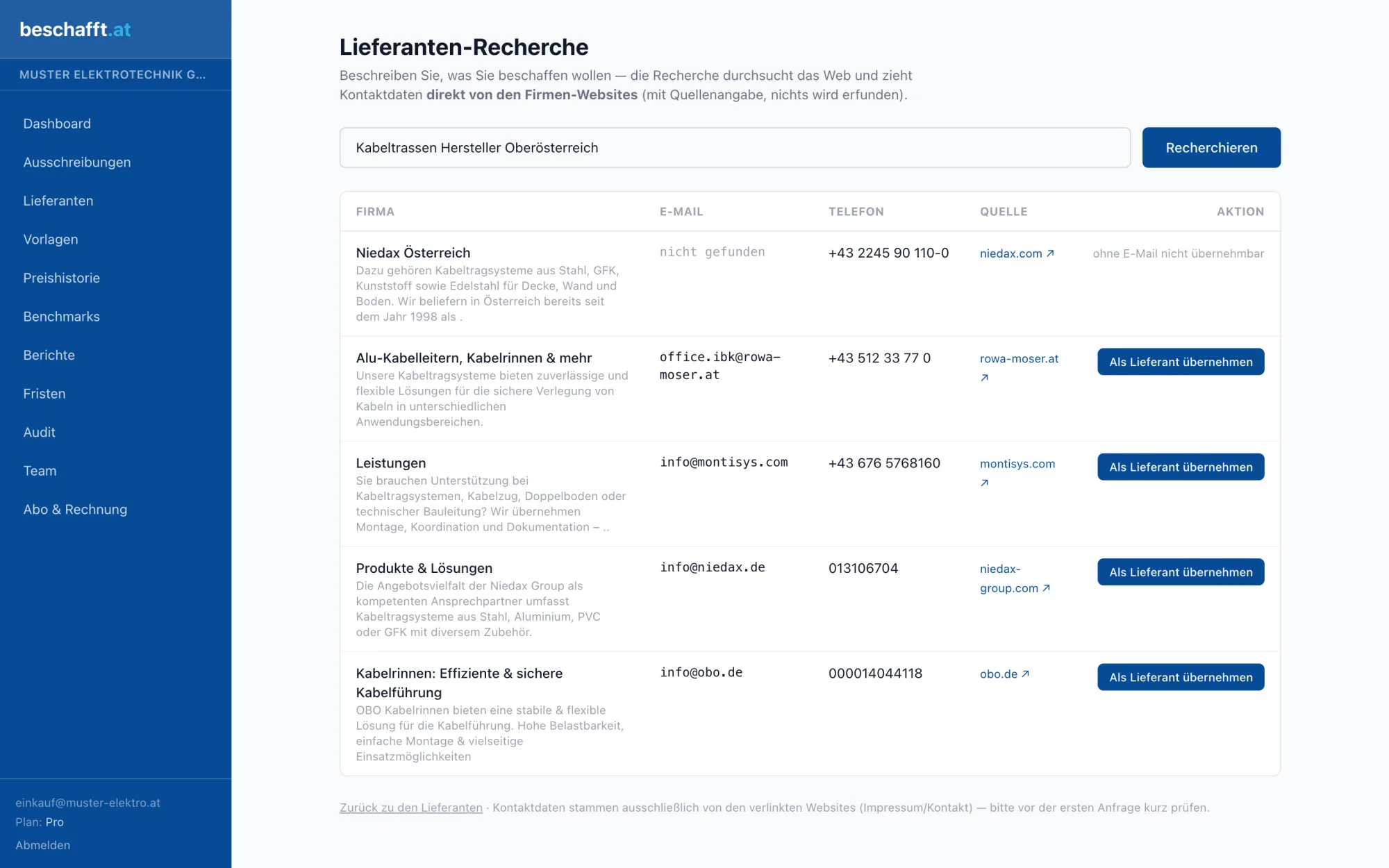 Screenshot: KI-Lieferanten-Recherche in beschafft.at
